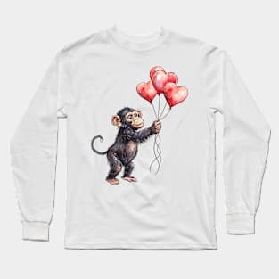 Valentine Chimpanzee Holding Heart Shaped Balloons Long Sleeve T-Shirt